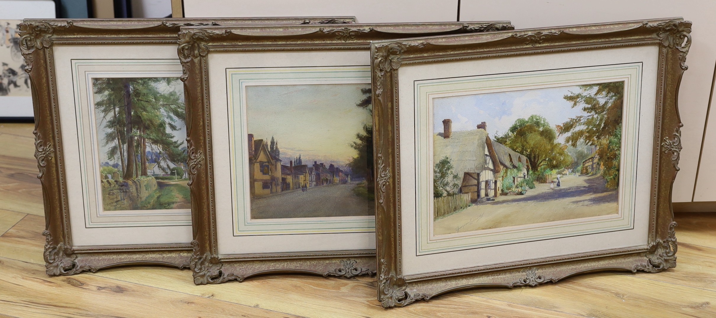 T. Hodgson Liddell R.B.A. (1860-1925), three watercolours, Village street scenes, signed, 26 x 37cm